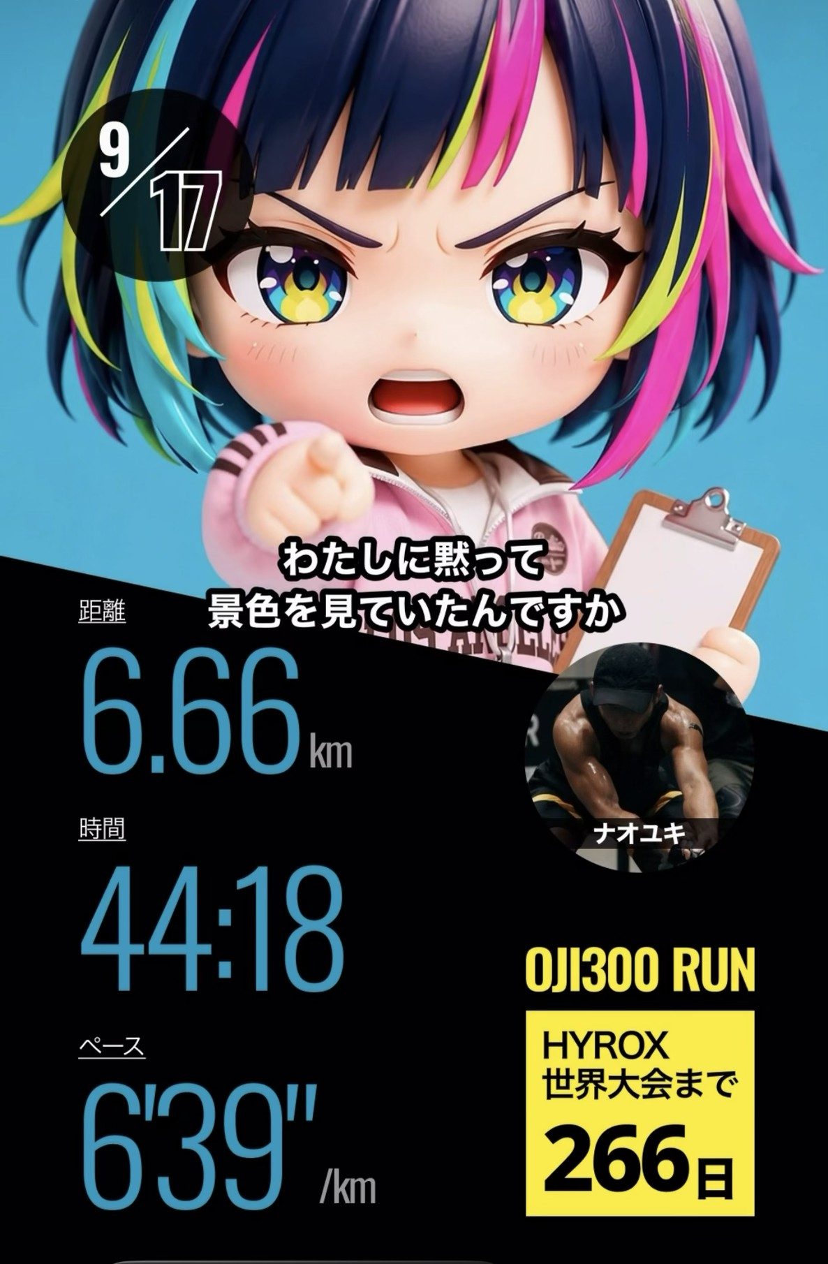ランちゃんが怒っている画面。「わたしに黙って景色を見ていたんですか」の文字と、6.66km・44:18・6分39秒/km の記録