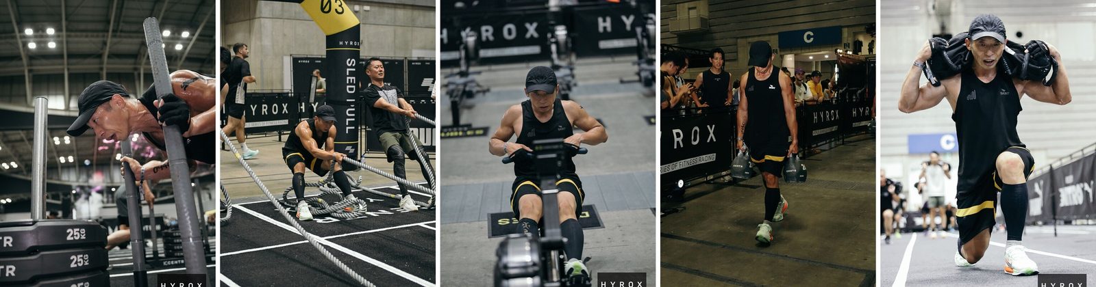 HYROX横浜で撮られた5枚。左からSled Pushでソリを押しているところ、Sled Pullでロープを引いているところ、Rowing、Farmers Carryでケトルベルを持って歩いているところ、Lungesでサンドバッグを担いで進んでいるところ
