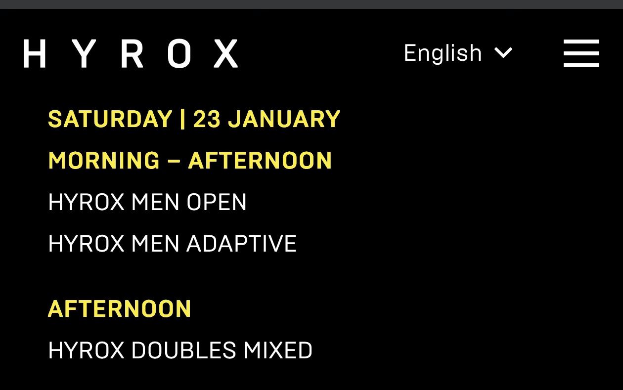 HYROX大阪の日程ページ。1月23日(土)は午前から午後がHYROX MEN OPENとMEN ADAPTIVE、午後がHYROX DOUBLES MIXEDと書かれている